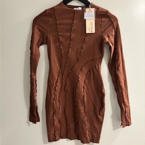 Oh Polly Brown Ribbed Bodycon Dress Mock Neck Long Sleeve